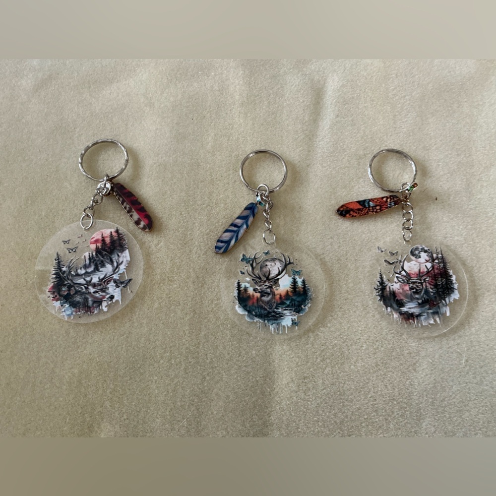Handmade deer Keychains with 2 charms, set of 3